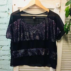 Timing Sheer Short Sleeve Blouse w/ Purple Sequins
